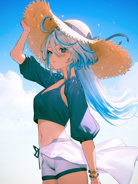 Anime picture 1536x2038 with genshin impact furina (genshin impact) 95--- single long hair tall image looking at viewer blush fringe blue eyes hair between eyes standing sky cloud (clouds) ahoge outdoors parted lips multicolored hair arm up wind