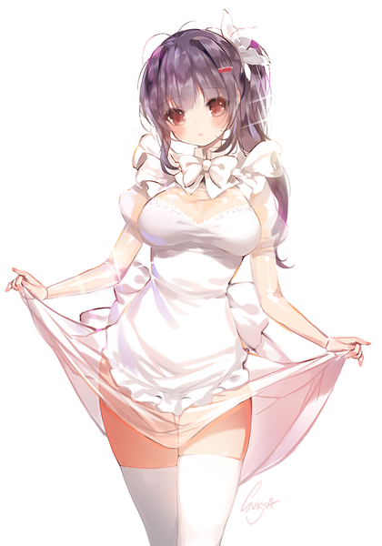 Anime picture 700x1000 with original sorolp single long hair tall image looking at viewer blush fringe breasts light erotic simple background red eyes large breasts standing white background holding signed purple hair ahoge parted lips