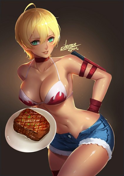 Anime picture 721x1024 with shokugeki no soma j.c. staff mito ikumi gu-ko citemer single tall image looking at viewer short hair breasts blue eyes light erotic blonde hair midriff revision girl navel food shorts short shorts bikini top