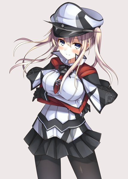 Anime picture 2590x3624 with kantai collection graf zeppelin (kantai collection) komori kuzuyu single long hair tall image looking at viewer blush highres breasts blue eyes simple background blonde hair smile large breasts twintails pleated skirt from above light smile grey background