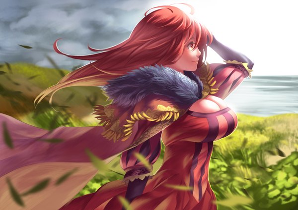Anime picture 1440x1018 with maoyuu maou yuusha arms corporation maou (maoyuu) fukushi ryouhei single long hair blush fringe breasts light erotic smile hair between eyes red eyes large breasts standing looking away sky cleavage cloud (clouds) ahoge