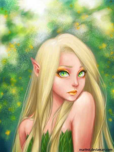 Anime picture 1200x1600 with original mari945 single long hair tall image looking at viewer blonde hair bare shoulders green eyes signed upper body pointy ears realistic lipstick portrait elf eyeshadow orange lipstick girl