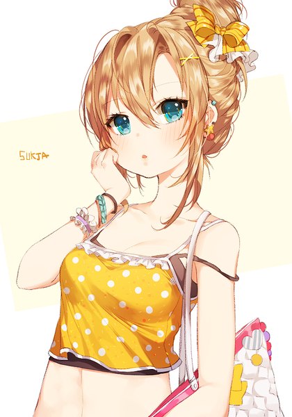Anime picture 700x1000 with original sorolp single long hair tall image looking at viewer blush fringe open mouth simple background signed payot cleavage upper body aqua eyes :o piercing ear piercing strap slip polka dot