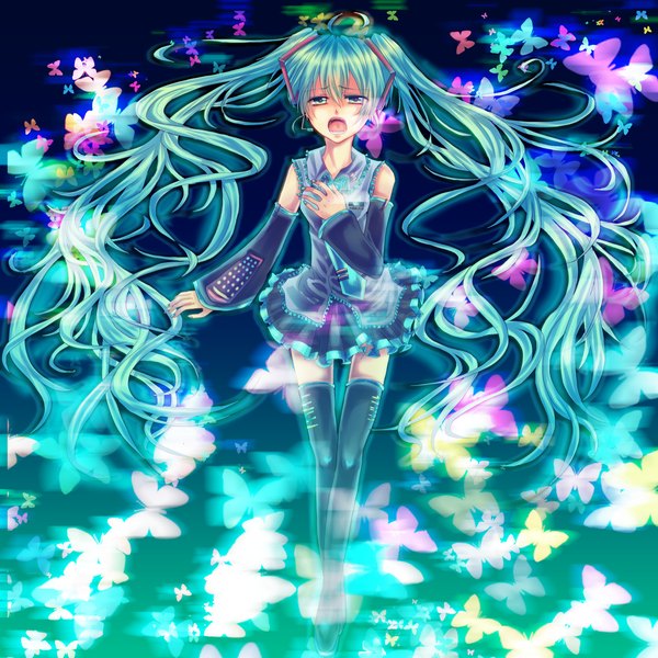 Anime picture 1500x1500 with vocaloid hatsune miku shizuki mio (artist) open mouth twintails bare shoulders green eyes very long hair nail polish green hair girl thighhighs skirt black thighhighs detached sleeves miniskirt insect butterfly