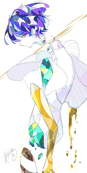 Anime picture 2204x4392 with houseki no kuni phosphophyllite phosphophyllite (ll) watahoshi single tall image looking at viewer highres short hair simple background white background blue hair profile androgynous spoilers severed head debris