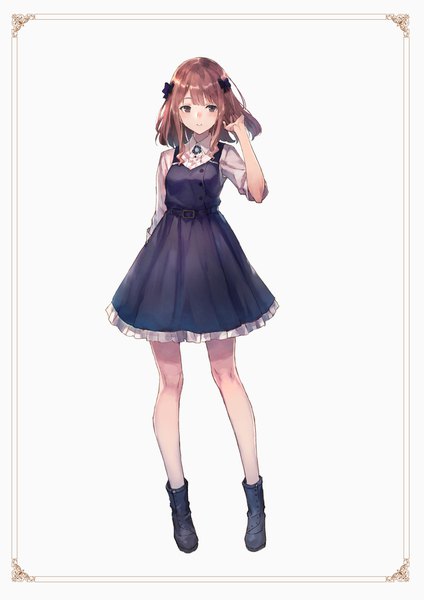 Anime picture 1240x1754 with original kobuta single tall image fringe short hair simple background brown hair standing white background brown eyes looking away full body adjusting hair border girl boots