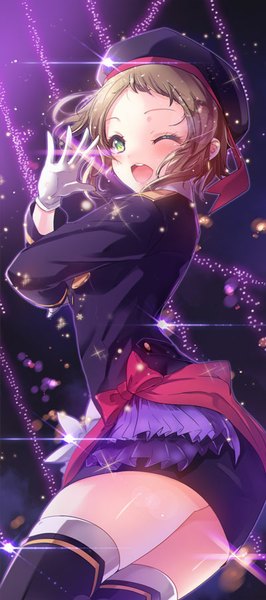 Anime picture 400x900 with love live! school idol project sunrise (studio) love live! kira tsubasa deeple single tall image blush short hair open mouth light erotic brown hair standing green eyes one eye closed looking back wink teeth happy shiny