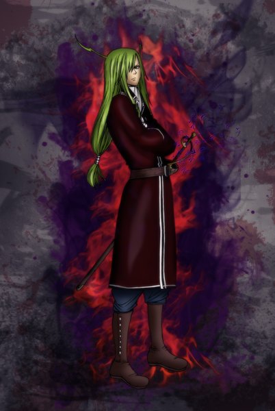 Anime picture 1073x1600 with fairy tail freed justine gray fullbuster (artist) single long hair tall image fringe simple background green hair black eyes hair over one eye coloring magic boy sword