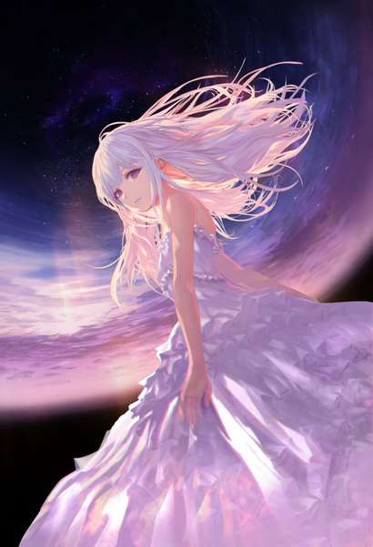 Anime picture 948x1387 with original jname single long hair tall image looking at viewer fringe hair between eyes purple eyes white hair night from below dutch angle night sky floating hair girl dress white dress star (stars) strapless dress