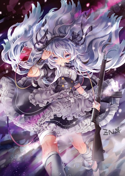 Anime picture 1000x1406 with girls frontline ribeyrolles 1918 (girls frontline) zenyu single long hair tall image fringe hair between eyes holding signed silver hair arm up wind short sleeves maid silver eyes girl uniform ribbon (ribbons) weapon