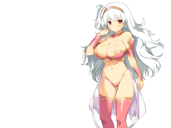 Anime picture 960x720 with evenicle original alice soft yaegashi nan single long hair looking at viewer blush breasts light erotic red eyes large breasts standing bare shoulders game cg cleavage white hair legs thighs adjusting hair