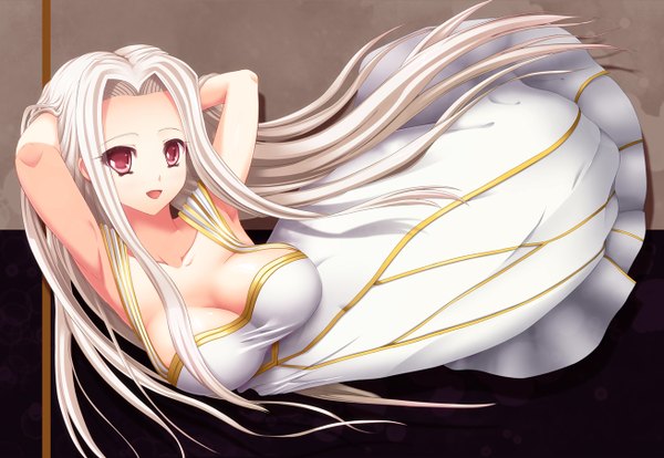 Anime picture 1310x906 with fate (series) fate/stay night fate/zero studio deen type-moon irisviel von einzbern single long hair looking at viewer breasts open mouth light erotic smile red eyes white hair armpit (armpits) girl dress