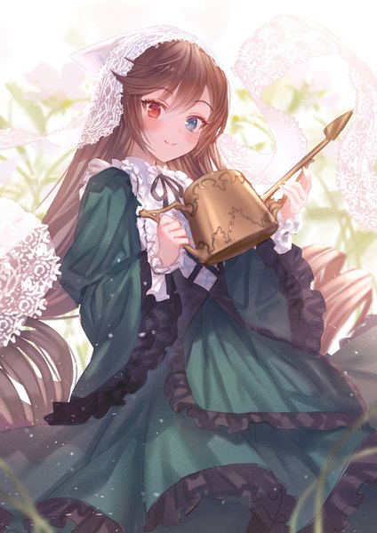 Anime picture 1414x2000 with rozen maiden suiseiseki makai no juumin single long hair tall image looking at viewer blush fringe blue eyes simple background smile hair between eyes red eyes brown hair white background holding payot long sleeves very long hair