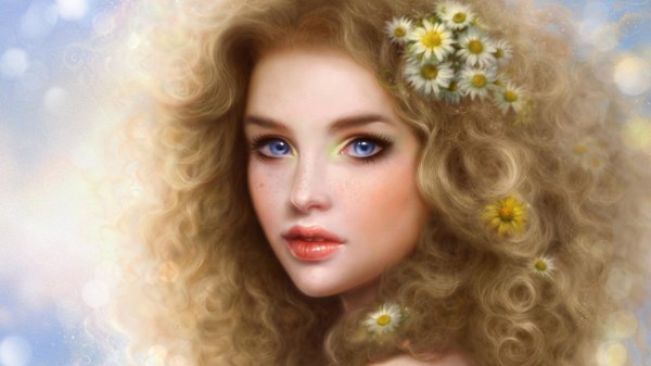 Anime picture 2560x1440 with original ruoxing zhang (artist) single long hair looking at viewer highres blue eyes blonde hair wide image hair flower realistic lipstick blue background face eyeshadow polka dot freckles polka dot background curly hair girl