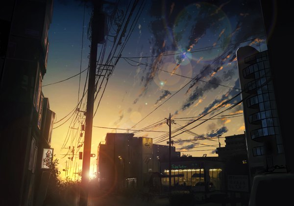 Anime picture 1111x781 with original byakuya reki sky cloud (clouds) sunlight no people sunbeam street morning sunrise building (buildings) ground vehicle car power lines