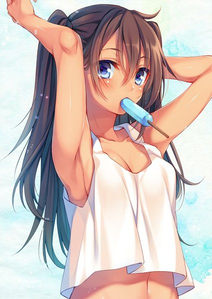 Anime picture 752x1062 with original toosaka asagi single long hair tall image looking at viewer blush fringe breasts blue eyes light erotic simple background brown hair cleavage no bra arm behind head girl navel food sweets