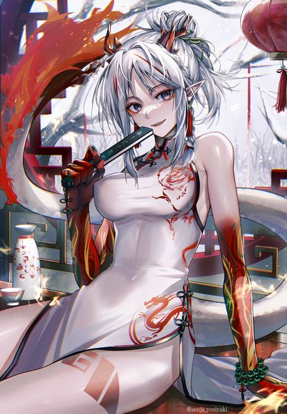 Anime picture 1800x2600 with arknights nian (arknights) nian (unfettered freedom) (arknights) senju yosiyuki single long hair tall image looking at viewer highres light erotic purple eyes signed silver hair tail traditional clothes multicolored hair horn (horns) pointy ears arm support hair bun (hair buns)