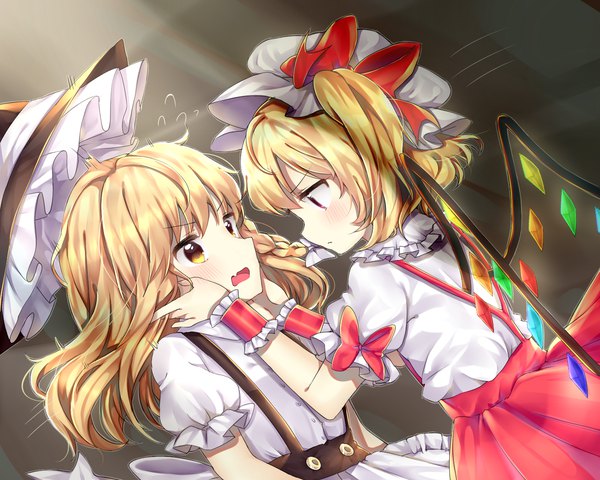 Anime picture 1500x1200 with touhou flandre scarlet kirisame marisa cheunes long hair short hair open mouth simple background blonde hair red eyes multiple girls yellow eyes looking away upper body braid (braids) fang (fangs) puffy sleeves one side up flat chest side braid