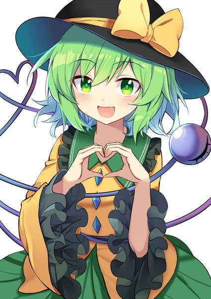Anime picture 1000x1412 with touhou komeiji koishi e.o. single tall image looking at viewer blush fringe short hair open mouth simple background hair between eyes white background green eyes :d green hair heart hands heart of string girl bow