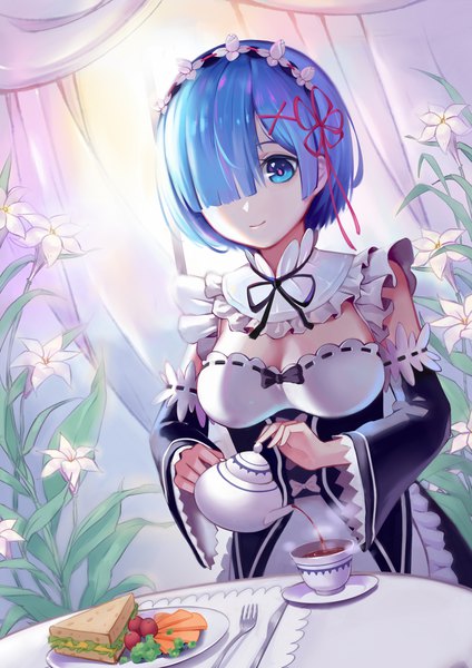 Anime picture 1670x2362 with re:zero kara hajimeru isekai seikatsu white fox rem (re:zero) zhano kun single tall image fringe short hair breasts blue eyes standing holding blue hair light smile sunlight hair over one eye maid looking down shaded face tea set