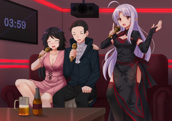 Anime picture 1697x1200 with original kazenokaze long hair looking at viewer blush short hair breasts open mouth black hair standing sitting holding payot cleavage purple hair ahoge indoors eyes closed arm up pointy ears