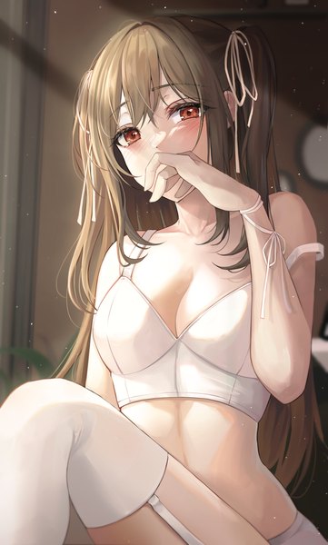 Anime picture 2112x3508 with original pippin sol single long hair tall image looking at viewer blush fringe highres breasts light erotic hair between eyes red eyes brown hair sitting cleavage indoors two side up strap slip covered mouth