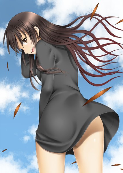 Anime picture 1000x1409 with original old-one single long hair tall image open mouth black hair brown eyes cloud (clouds) looking back wind from behind hand on head girl dress leaf (leaves)