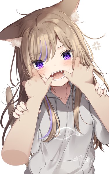 Anime picture 1023x1633 with original leo (mafuyu) mafuyu (chibi21) long hair tall image looking at viewer blush fringe open mouth simple background hair between eyes brown hair standing white background purple eyes signed animal ears tail animal tail multicolored hair