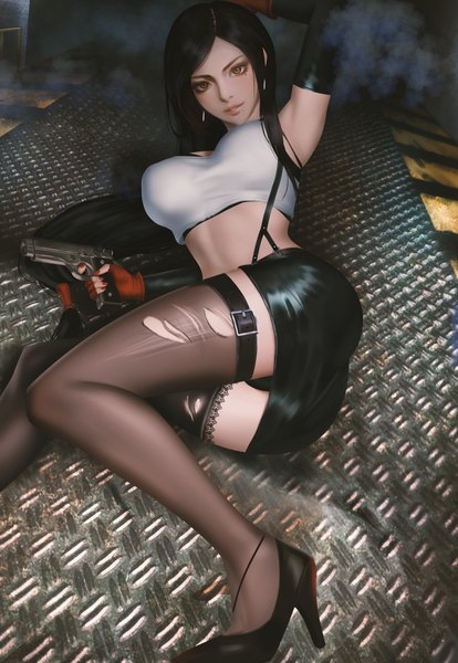 Anime picture 3000x4348 with resident evil final fantasy final fantasy vii square enix tifa lockhart ada wong thaumazo single long hair tall image looking at viewer fringe highres breasts light erotic black hair large breasts holding yellow eyes bent knee (knees)