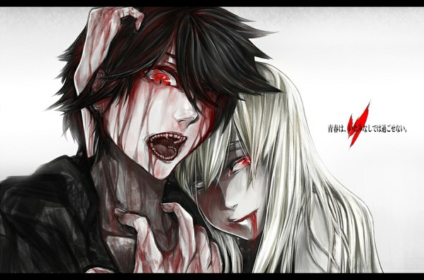 Anime picture 1000x663 with bakemonogatari kizumonogatari shaft (studio) monogatari (series) araragi koyomi kissshot acerolaorion heartunderblade angelegna long hair fringe short hair open mouth black hair simple background red eyes white background silver hair hair over one eye teeth fang (fangs) couple