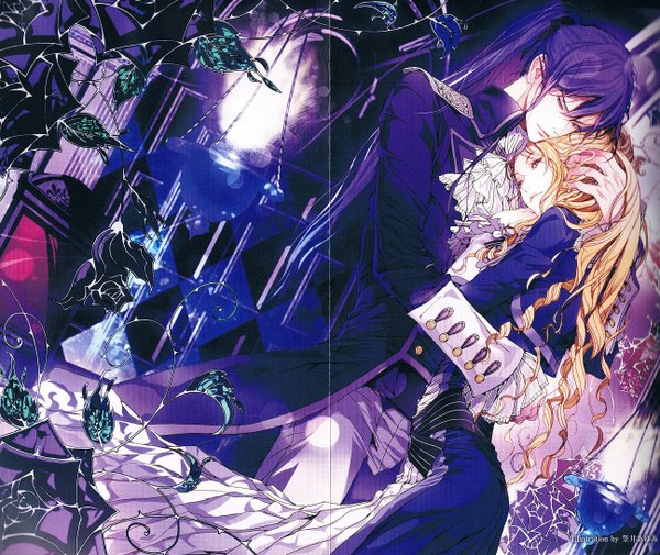 Anime picture 1296x1092 with vocaloid kaito (vocaloid) kamui gakupo ayumi kasai (artist) long hair looking at viewer fringe blonde hair smile purple eyes yellow eyes looking away purple hair ponytail very long hair wind scan hug crossed arms crease