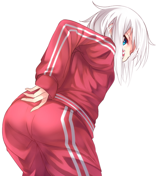Anime picture 922x1040 with original ringo-chan (otokuyou) otokuyou single tall image short hair blue eyes light erotic simple background white background looking away ass white hair long sleeves from behind leaning leaning forward girl uniform gym uniform
