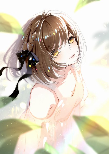 Anime picture 566x800 with original miemia single tall image looking at viewer blush fringe short hair hair between eyes brown hair standing bare shoulders yellow eyes braid (braids) light smile blurry tears side braid girl dress