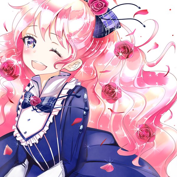 Anime picture 991x990 with original keepout single long hair looking at viewer open mouth simple background smile white background purple eyes pink hair one eye closed hair flower wink sparkle happy wavy hair girl hair ornament flower (flowers)