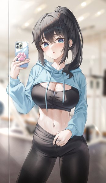 Anime-Bild 1846x3189 mit original oert129 single long hair tall image looking at viewer blush fringe highres breasts open mouth blue eyes light erotic black hair hair between eyes large breasts standing payot cleavage ponytail