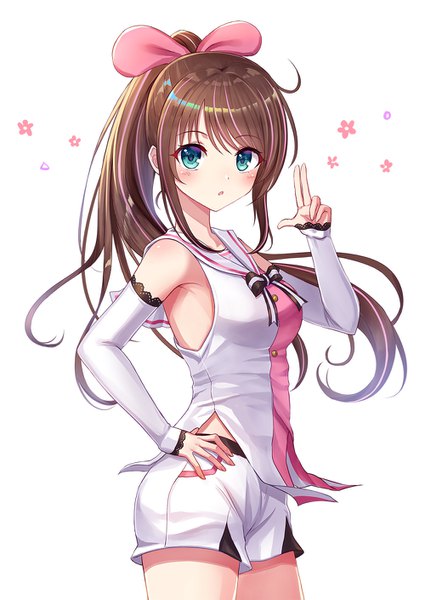 Anime picture 999x1410 with virtual youtuber a.i. channel kizuna ai seungju lee single long hair tall image looking at viewer blush fringe open mouth simple background brown hair standing payot ponytail multicolored hair aqua eyes two-tone hair streaked hair