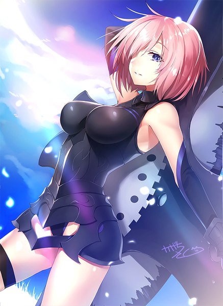 Anime picture 729x1000 with fate (series) fate/grand order mash kyrielight kagachi saku single tall image looking at viewer fringe short hair breasts light erotic large breasts standing purple eyes signed pink hair sky parted lips wind sunlight