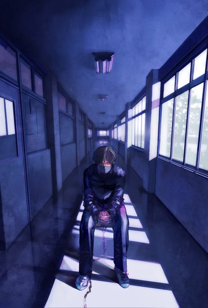 Anime picture 1378x2039 with gakkou de atta kowai hanashi mati. single tall image looking at viewer short hair black hair sitting grey eyes bondage boy uniform school uniform window chain mask school