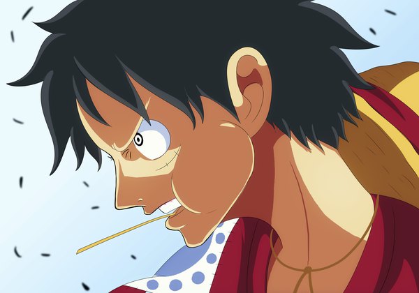 Anime picture 5000x3500 with one piece toei animation monkey d. luffy bryanfavr single fringe highres short hair black hair holding looking away absurdres upper body profile black eyes teeth mouth hold coloring scar hat removed
