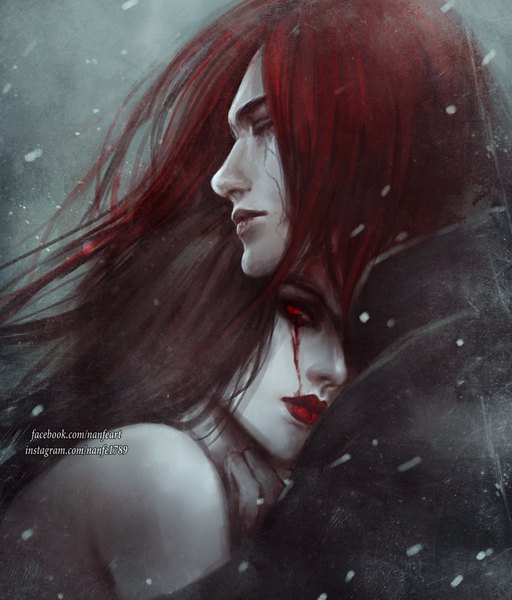 Anime picture 950x1114 with original nanfe long hair tall image red eyes brown hair upper body red hair eyes closed profile couple hug lipstick watermark snowing snow red lipstick blood on face girl boy