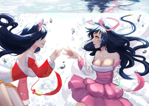 Anime picture 2806x2000 with league of legends ahri (league of legends) whitehee93 long hair fringe highres breasts large breasts bare shoulders multiple girls animal ears yellow eyes cleavage traditional clothes parted lips japanese clothes profile light smile sunlight hair over one eye