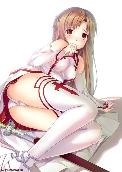 Anime picture 1200x1698 with sword art online a-1 pictures yuuki asuna caidychen single long hair tall image looking at viewer blush light erotic red eyes brown hair ass covered nipples girl thighhighs underwear panties detached sleeves white thighhighs