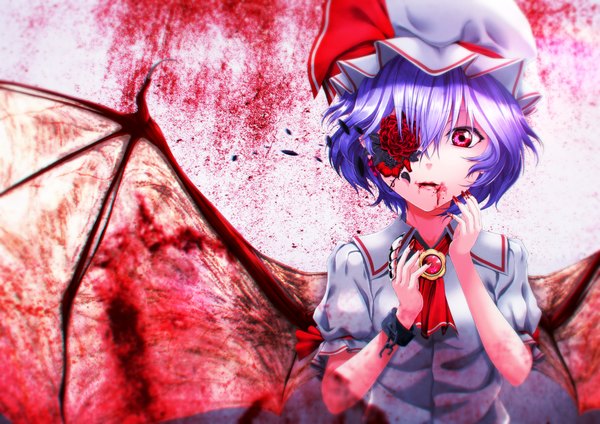 Anime picture 1500x1062 with touhou remilia scarlet aono meri single short hair red eyes purple hair nail polish lips bat wings girl flower (flowers) petals wings blood bonnet brooch shackles