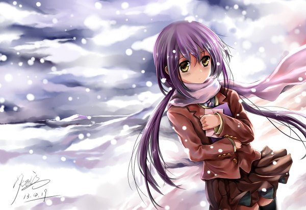 Anime picture 1600x1100 with original yomi yasou single long hair looking at viewer twintails signed yellow eyes purple hair wind dutch angle dated snowing winter exhalation girl dress skirt scarf
