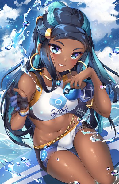 Anime picture 809x1250 with pokemon pokemon (game) pokemon swsh nintendo nessa (pokemon) squchan single long hair tall image looking at viewer blush breasts blue eyes light erotic black hair smile sitting bare shoulders holding signed