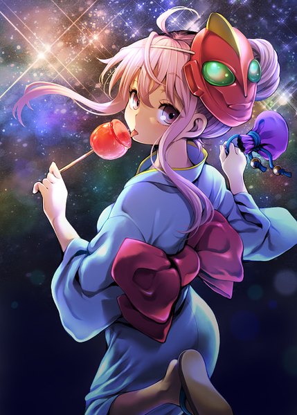 Anime picture 1036x1450 with touhou hata no kokoro uousa single long hair tall image looking at viewer pink hair ahoge traditional clothes japanese clothes pink eyes night hair bun (hair buns) night sky mask on head festival girl bow food