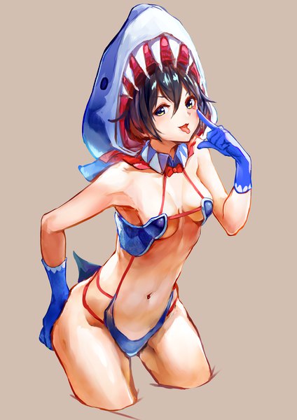 Anime picture 2893x4092 with original maeshimashi single tall image looking at viewer blush fringe highres short hair breasts blue eyes light erotic black hair simple background hair between eyes bare shoulders :p brown background hand on ass girl