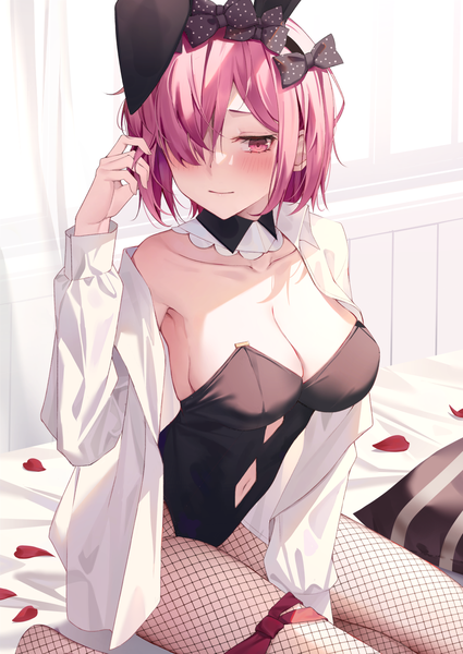 Anime picture 1003x1416 with fate (series) fate/grand order mash kyrielight yukiyama momo single tall image blush fringe short hair breasts light erotic large breasts sitting animal ears payot pink hair cleavage bent knee (knees) indoors pink eyes
