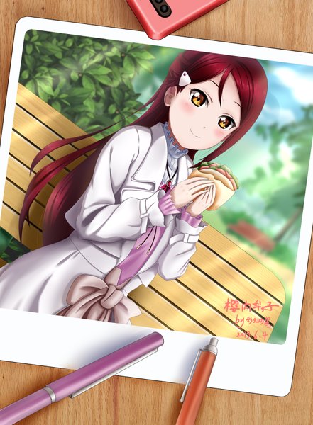 Anime picture 2500x3400 with love live! sunshine!! sunrise (studio) love live! sakurauchi riko xiaoxin041590 single long hair tall image looking at viewer blush fringe highres smile holding signed yellow eyes red hair dated eating girl