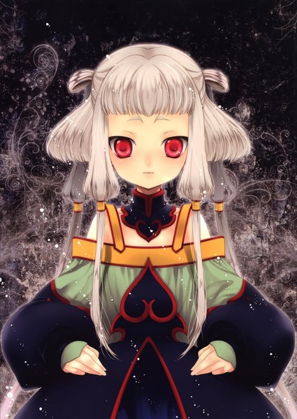 Anime picture 3317x4685 with code geass sunrise (studio) tianzi kirino kasumu single long hair tall image looking at viewer fringe highres red eyes absurdres white hair black background girl dress